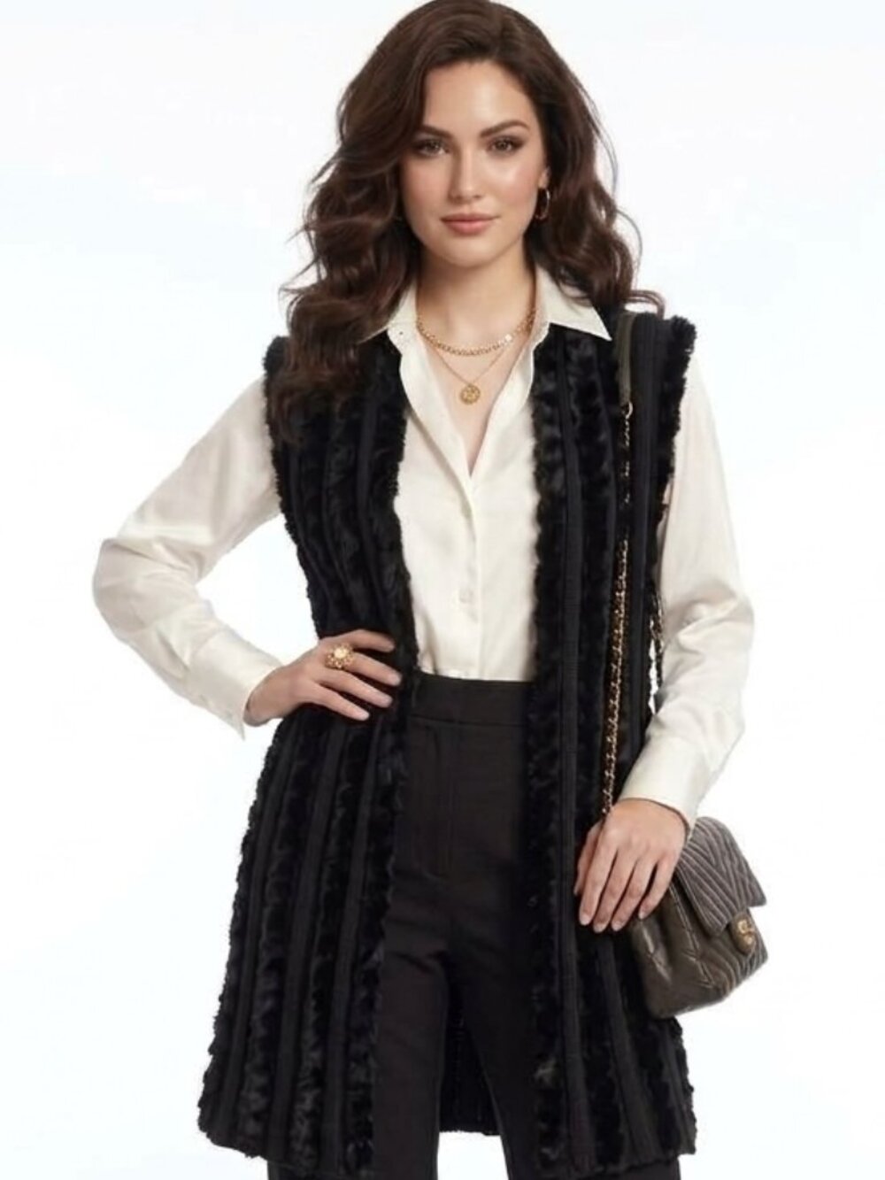 Lisa International Black Faux Fur Trim Cable Knit Long Vest Mob Wife Small